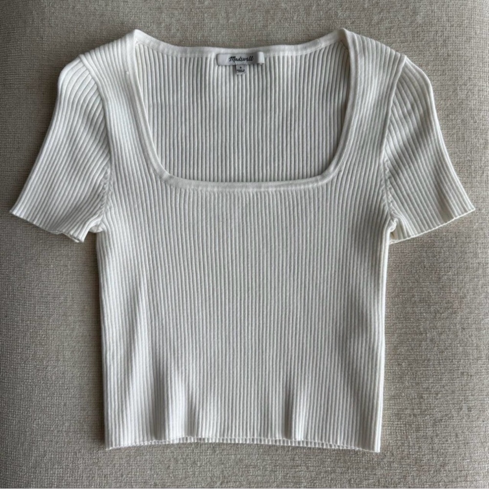 Madewell White Ribbed Short Sleeve Square Neck Tee